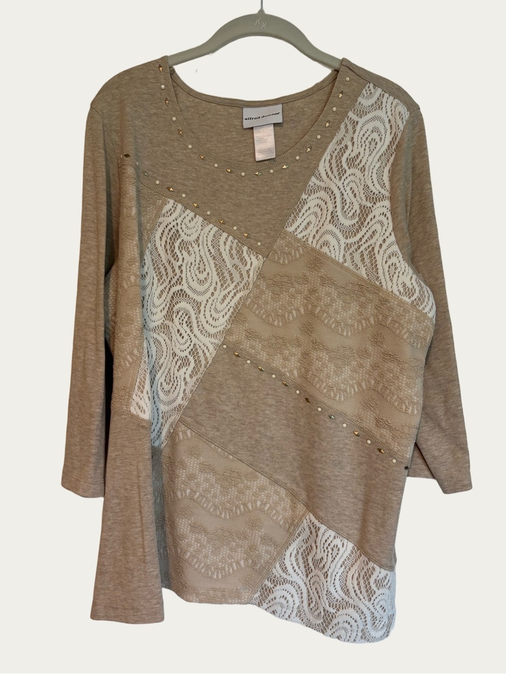 Alfred Dunner Taupe Patchwork Bead & Lace-Accent Tunic - Large